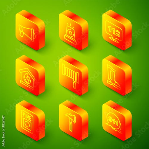 Set line Megaphone, Flasher siren, Emergency call, Fire in burning house, hose reel, boots, alarm system and Firefighter axe icon. Vector