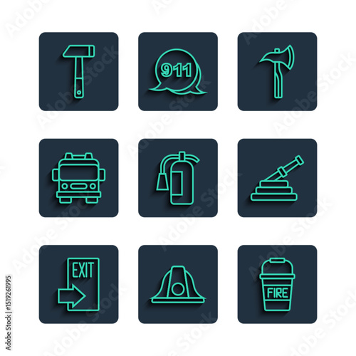 Set line Fire exit, Firefighter helmet, bucket, axe, extinguisher, truck, Hammer and hose reel icon. Vector