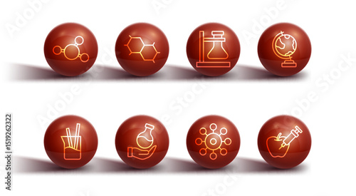 Set line Molecule, Laboratory glassware, Earth globe, Virus, Test tube, Chemical formula, Genetically modified apple and flask on stand icon. Vector