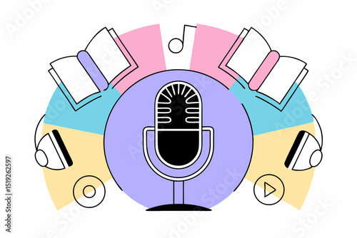 Audiobooks podcast microphone books music illustration