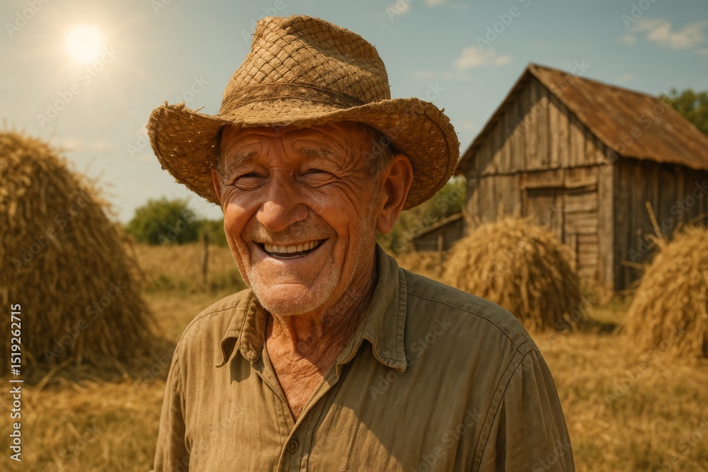 Fototapeta premium Elderly man smiles while wearing a straw hat in a countryside setting with haystacks and a rustic barn during sunny weather