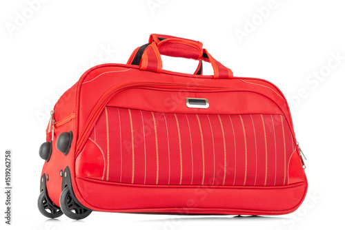 Red rolling duffel bag with stitched pattern and top handles. Travel luggage with front pocket. Isolated on transparent background PNG.