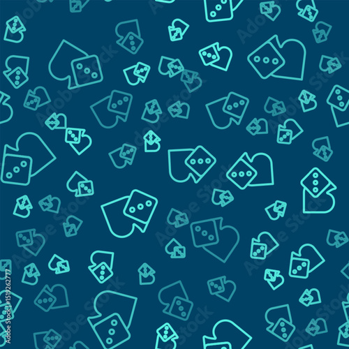 Green line Game dice icon isolated seamless pattern on blue background. Casino gambling. Vector