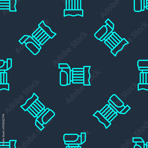 Green line Photo camera icon isolated seamless pattern on blue background. Foto camera. Digital photography. Vector