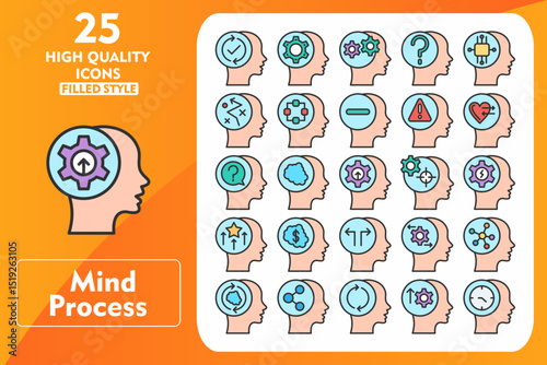 Mind Process Line Filled Icon Set. Incleded Icons Continuity, Cogwheel, Settings, Questions, Artificial intelligence, Strategy, Structure, Negative Thinking. Vector Icons Collection