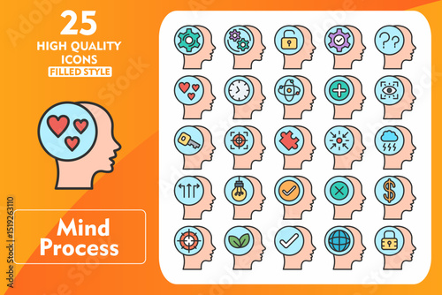 Mind Process Line Filled Icon Set. Incleded Icons Development, Target, Failure, Financial, Focus, Think Green, Positive. Vector Icons Collection
