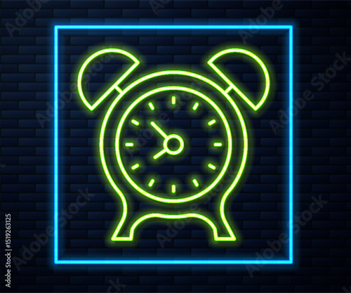 Glowing neon line Alarm clock icon isolated on brick wall background. Wake up, get up concept. Time sign. Vector