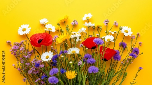 A bouquet of vibrant wildflowers including daisies poppies and cornflowers arranged against a solid pastel yellow background  