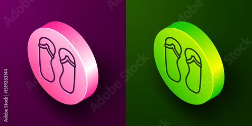 Isometric line Flip flops icon isolated on purple and green background. Beach slippers sign. Circle button. Vector