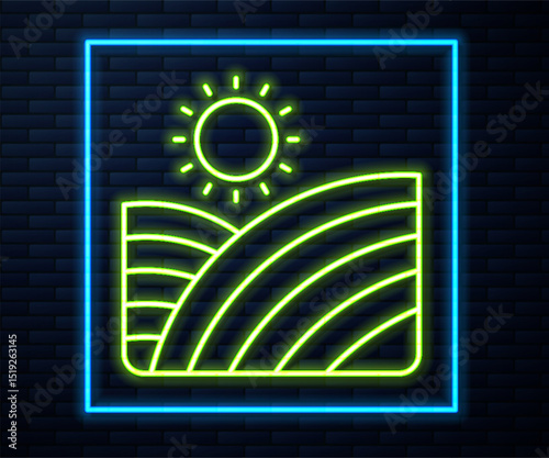 Glowing neon line Vineyard wine grapes hills farm icon isolated on brick wall background. Vine plantation hills landscape. Vector