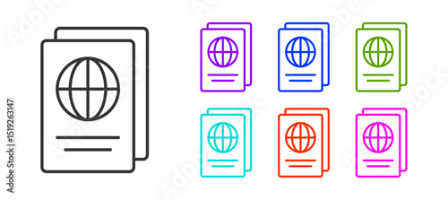 Black line Passport with biometric data icon isolated on white background. Identification document. Set icons colorful. Vector
