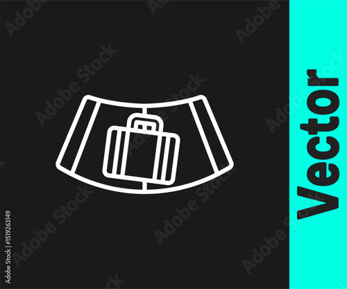 White line Airport conveyor belt with passenger luggage, suitcase, bag, baggage icon isolated on black background. Vector
