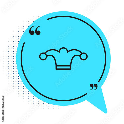 Black line Jester hat with bells isolated on white background. Clown icon. Amusement park funnyman sign. Blue speech bubble symbol. Vector