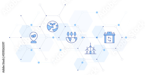 Sustainability Banner Vector Illustration with Icon Style in Between. Line Duotone icon. Containing. green city, earth, world, wind turbine, reusable