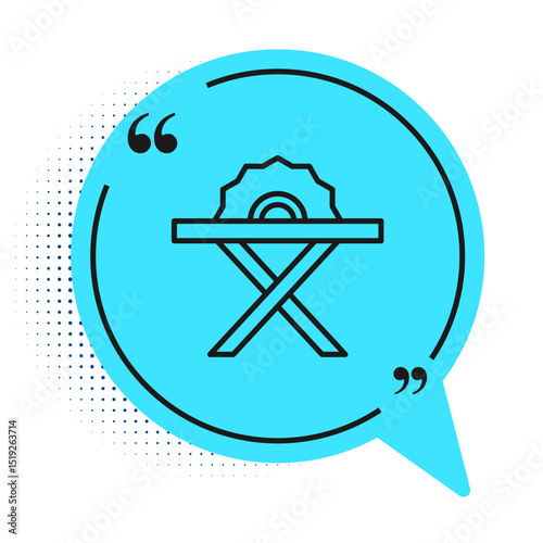 Black line Electric circular saw with steel toothed disc icon isolated on white background. Electric hand tool for cutting wood or metal. Blue speech bubble symbol. Vector