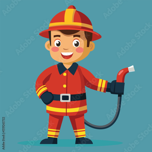 Happy little firefighter holding hose cartoon illustration