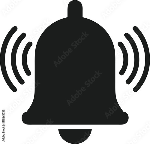 Flat black notification bell silhouette icon with vibration lines for alerts