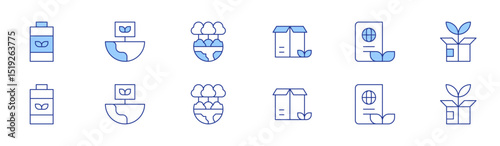 Sustainability icon set in two styles, Duotone and Thin Line style. Editable stroke. eco battery, package, environment, sustainability, ecology, green logistics