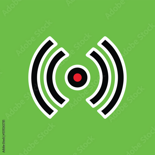 Simple illustrated wireless connectivity signal icon with red center on green background