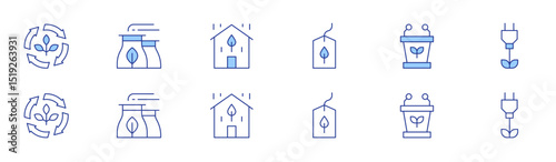 Sustainability icon set in two styles, Duotone and Thin Line style. Editable stroke. sustainability, sustainable, factory, responsible, green energy