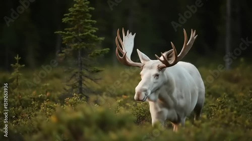 Majestic white moose walking through a lush green forest with trees in the background during sunset