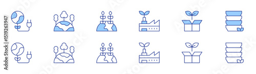 Sustainability icon set in two styles, Duotone and Thin Line style. Editable stroke. planet, eco factory, green planet, sustainable, growth, eco packaging