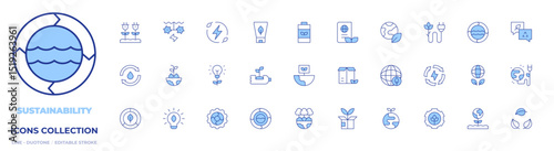 Sustainability icons collection. Line Duotone style, editable stroke. green energy, water energy, innovation, eco packaging, eco battery, package, environment, sustainability, planet earth