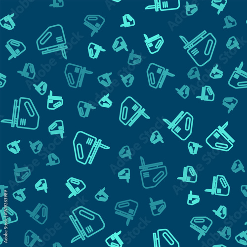 Green line Electric jigsaw with steel sharp blade icon isolated seamless pattern on blue background. Power tool for woodwork. Vector