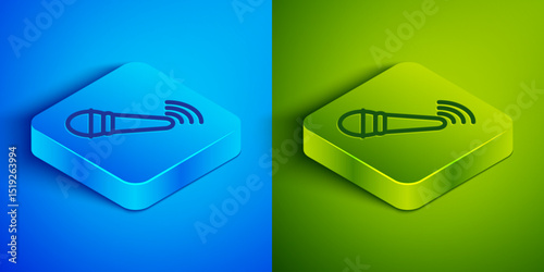 Isometric line Wireless microphone icon isolated on blue and green background. On air radio mic microphone. Speaker sign. Square button. Vector