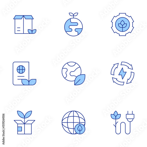 Sustainability icons set. Line Duotone style, editable stroke. package, environment, sustainability, ecology, sustainable energy, green logistics, sustainable, green energy