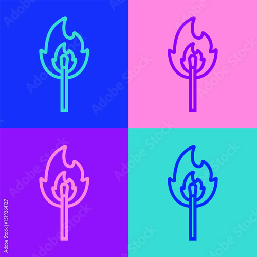 Pop art line Burning match with fire icon isolated on color background. Match with fire. Matches sign. Vector