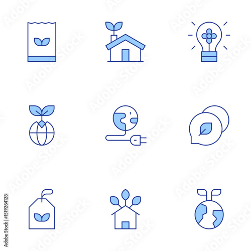 Sustainability icons set. Line Duotone style, editable stroke. shopping bag, eco house, sustainable, earth, chat, eco tag, ecology