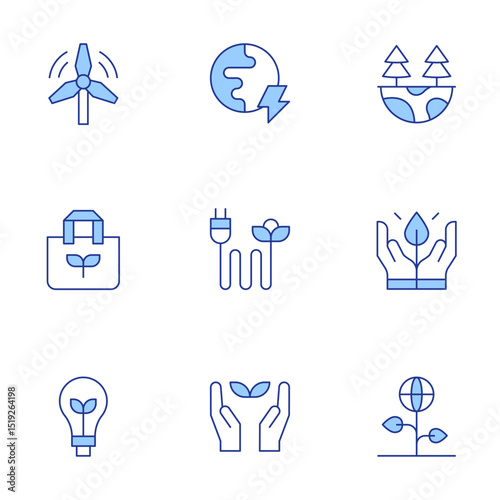 Sustainability icons set. Line Duotone style, editable stroke. windmill, earth, ecology, eco bag, green energy, sustainable, environment protection, natural