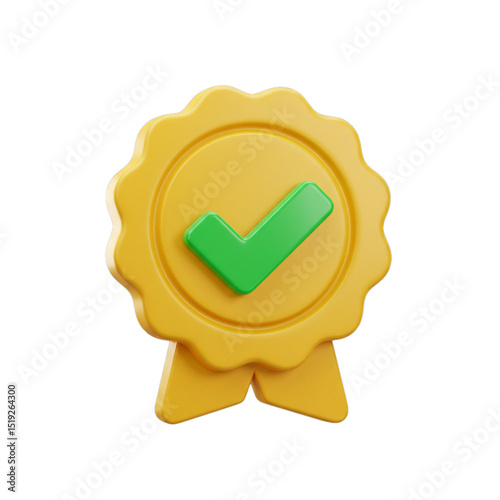 3D Rendered Illustration of a Gold Medal with a Green Check Mark: Achievment and Success Concept