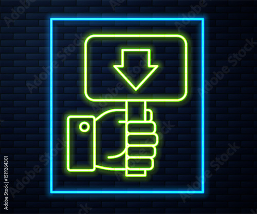 Glowing neon line Hand holding auction paddle icon isolated on brick wall background. Bidding concept. Auction competition. Hands rising signs with BID inscriptions. Vector