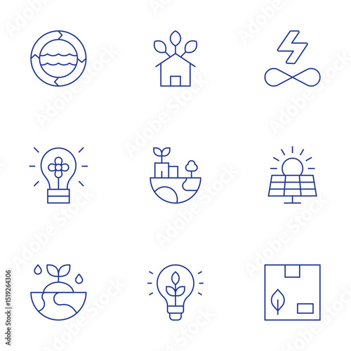 Sustainability icons set. Thin Line style, editable stroke. sustainable, sustainable energy, solar panel, ecology, eco packaging, eco house
