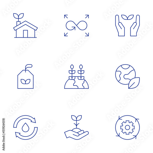 Sustainability icons set. Thin Line style, editable stroke. water, eco tag, eco house, sprout, growth, environment protection, responsible consumption, sustainable, ecology