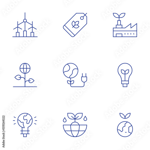 Sustainability icons set. Thin Line style, editable stroke. wind turbine, tag, natural, planet, green energy, earth, eco factory, sustainability