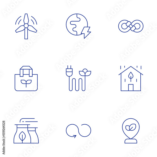 Sustainability icons set. Thin Line style, editable stroke. windmill, eco bag, factory, sustain, sustainable, green city, earth, green energy, responsible consumption