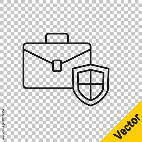 Black line Briefcase with shield icon isolated on transparent background. Insurance concept. Security, safety, protection, protect concept. Vector