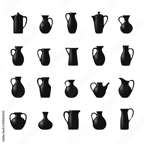 set of black silhouettes of jug
