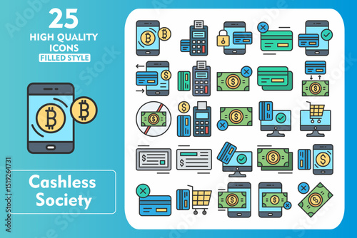 Cashless Society Line Filled Icon Set. Incleded Icons Bitcoins, Credit Card Machine, Protection, No card, Mobile banking, Payment, Cashless Payment. Vector Icons Collection