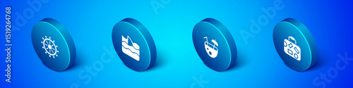 Set Isometric Ship steering wheel, Coconut cocktail, Suitcase and Shark fin ocean wave icon. Vector