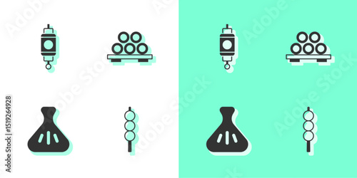 Set Meatballs on wooden stick, Chinese paper lantern, Dumpling and Sushi cutting board icon. Vector