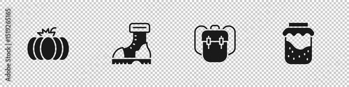 Set Pumpkin, Waterproof rubber boot, School backpack and Jam jar icon. Vector