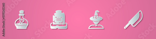 Set paper cut Bottle with potion, Tombstone RIP written, Witch and Knife icon. Paper art style. Vector