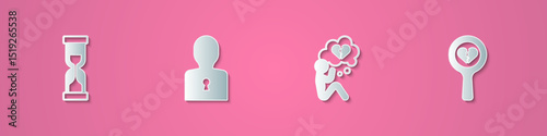 Set paper cut Old hourglass, Solution to the problem, Broken heart or divorce and icon. Paper art style. Vector