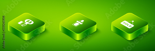 Set Isometric Auction auctioneer sells, sold and Hand holding paddle icon. Vector