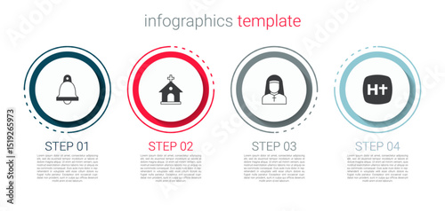 Set Church bell, building, Nun and Christian cross. Business infographic template. Vector