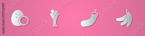 Set paper cut Coconut, Leek, Eggplant and Banana icon. Paper art style. Vector